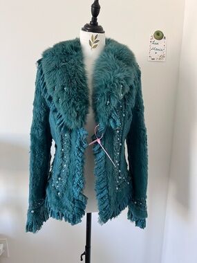 Vintage Teal Real Fur Jacket w Fox Collar Pearl Beaded Lace Made in Hong Kong M